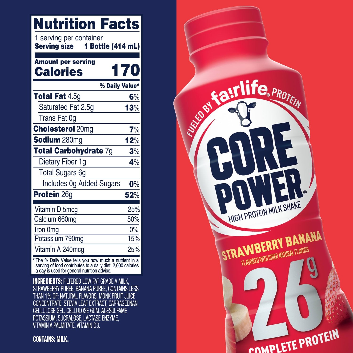 Fairlife Core Power Strawberry Banana Protein Shake 26g – 12 Pack (14 fl oz Bottles)