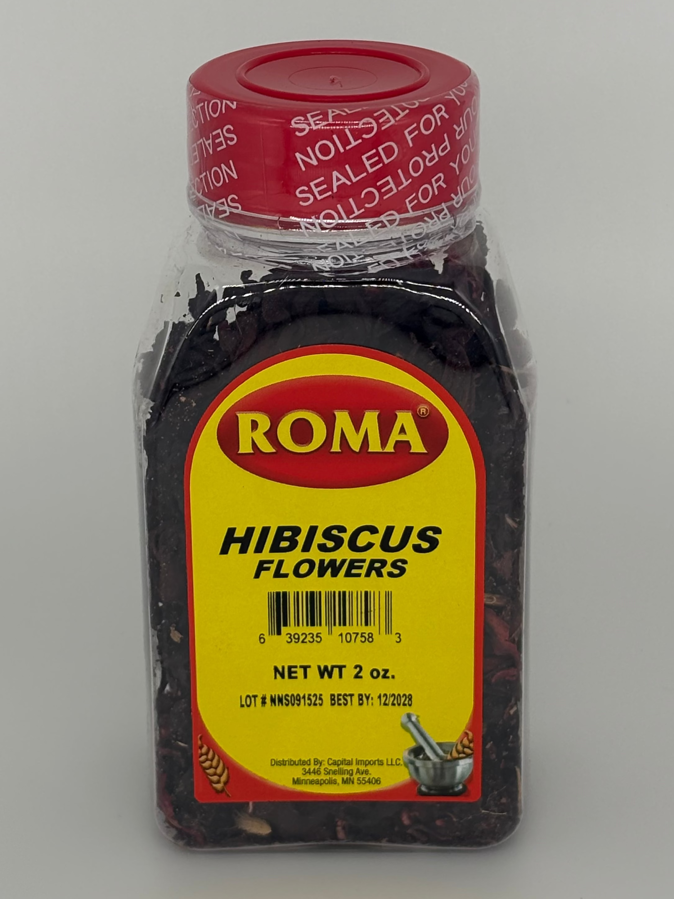 Jar of Roma Hibiscus Flowers with red lid on a white background